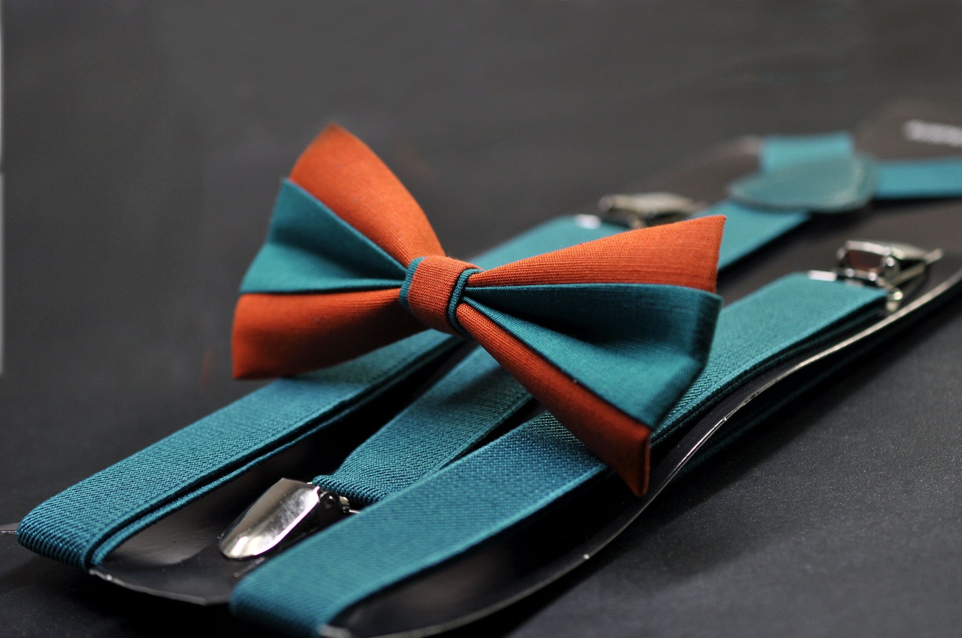 Burnt Orange and Teal Blue Bow tie Bowtie+ TEAL Elastic Suspenders Braces + Pocket Squares for Men / Youth/ Boys Kids / Baby Infant Toddler