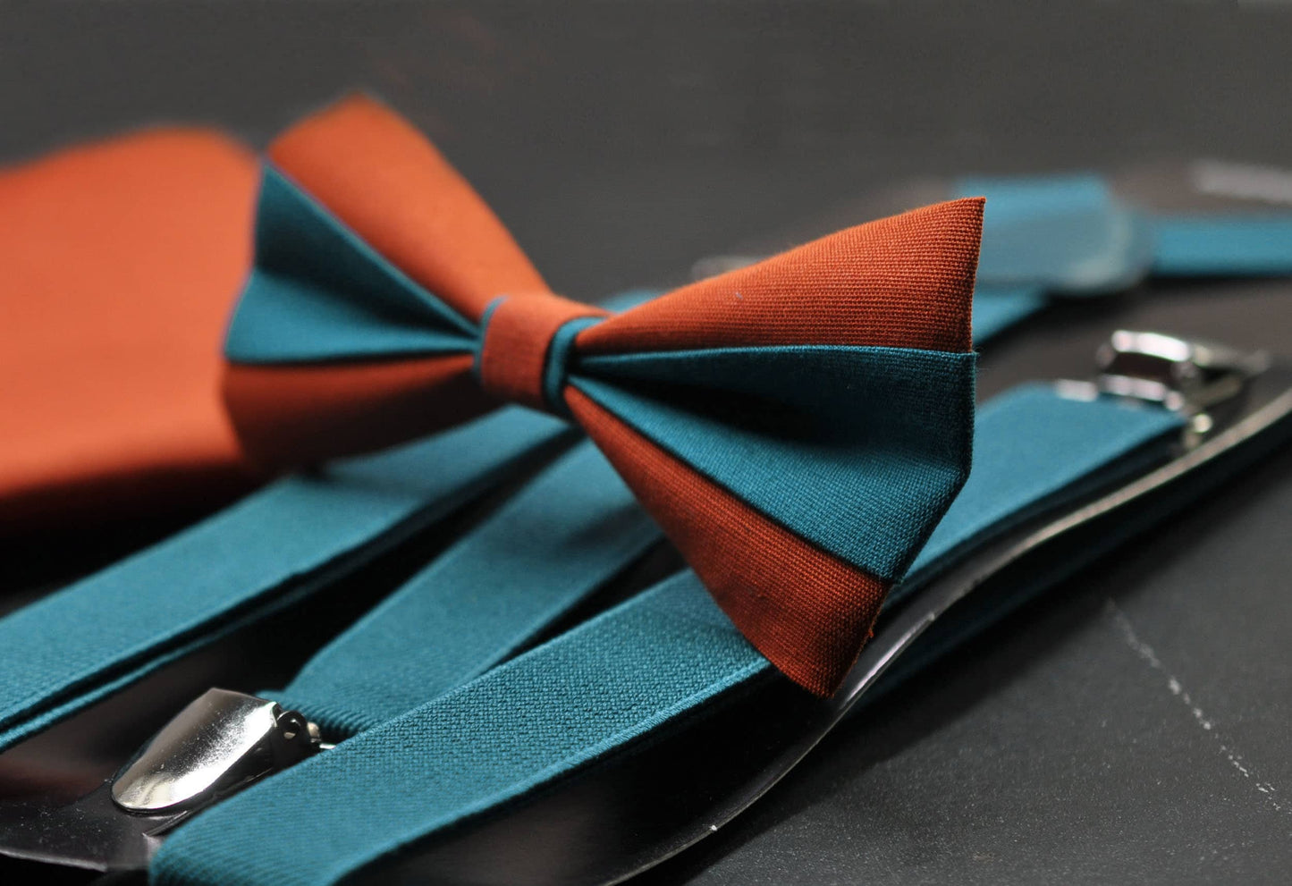 Burnt Orange and Teal Blue Bow tie Bowtie+ TEAL Elastic Suspenders Braces + Pocket Squares for Men / Youth/ Boys Kids / Baby Infant Toddler