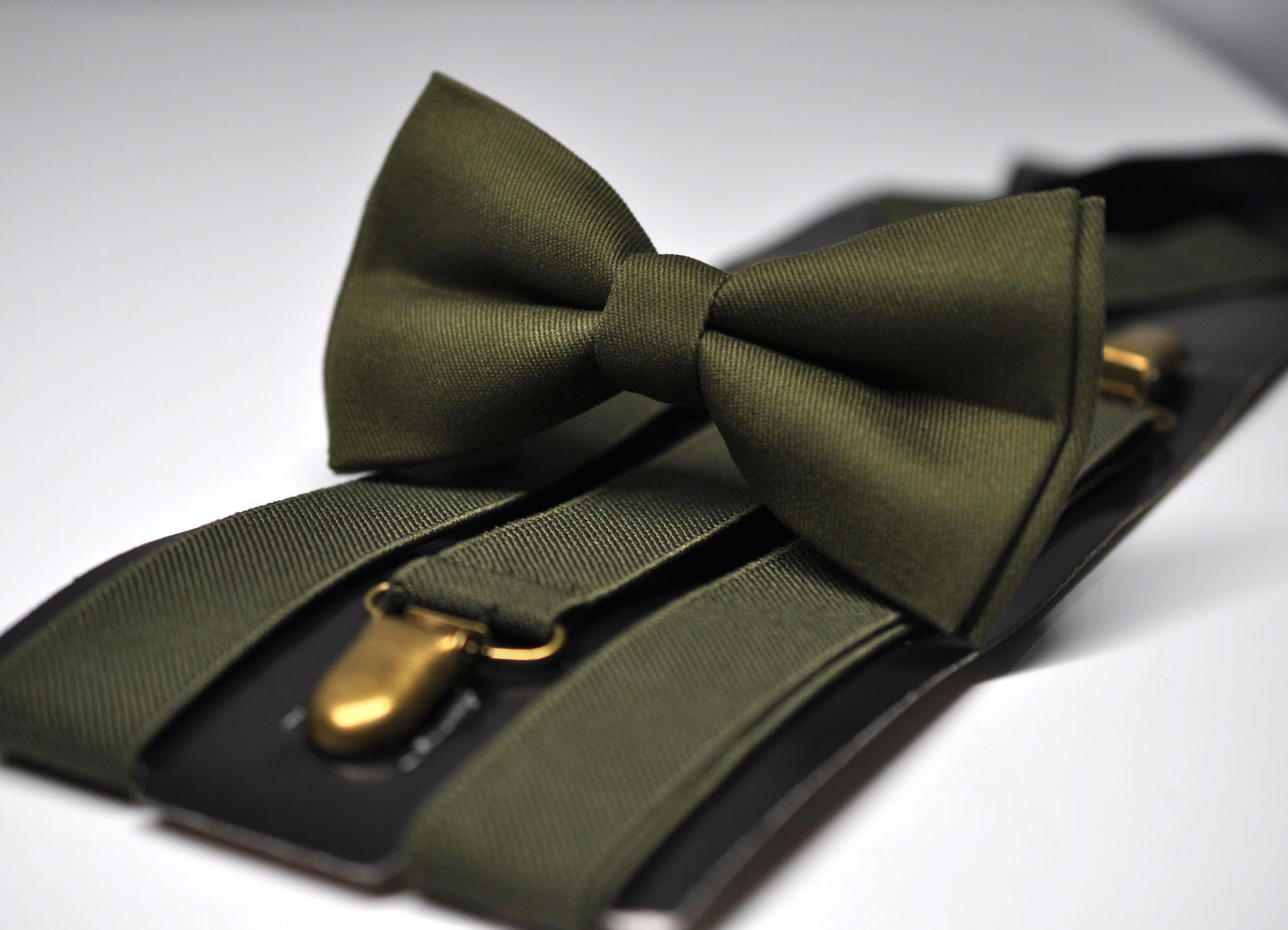 Olive Army Green Cotton Bow tie + Elastic Suspenders Braces + Pocket Square Hanky Handkerchief for Men / Youth / Boys Kids / Baby Infant