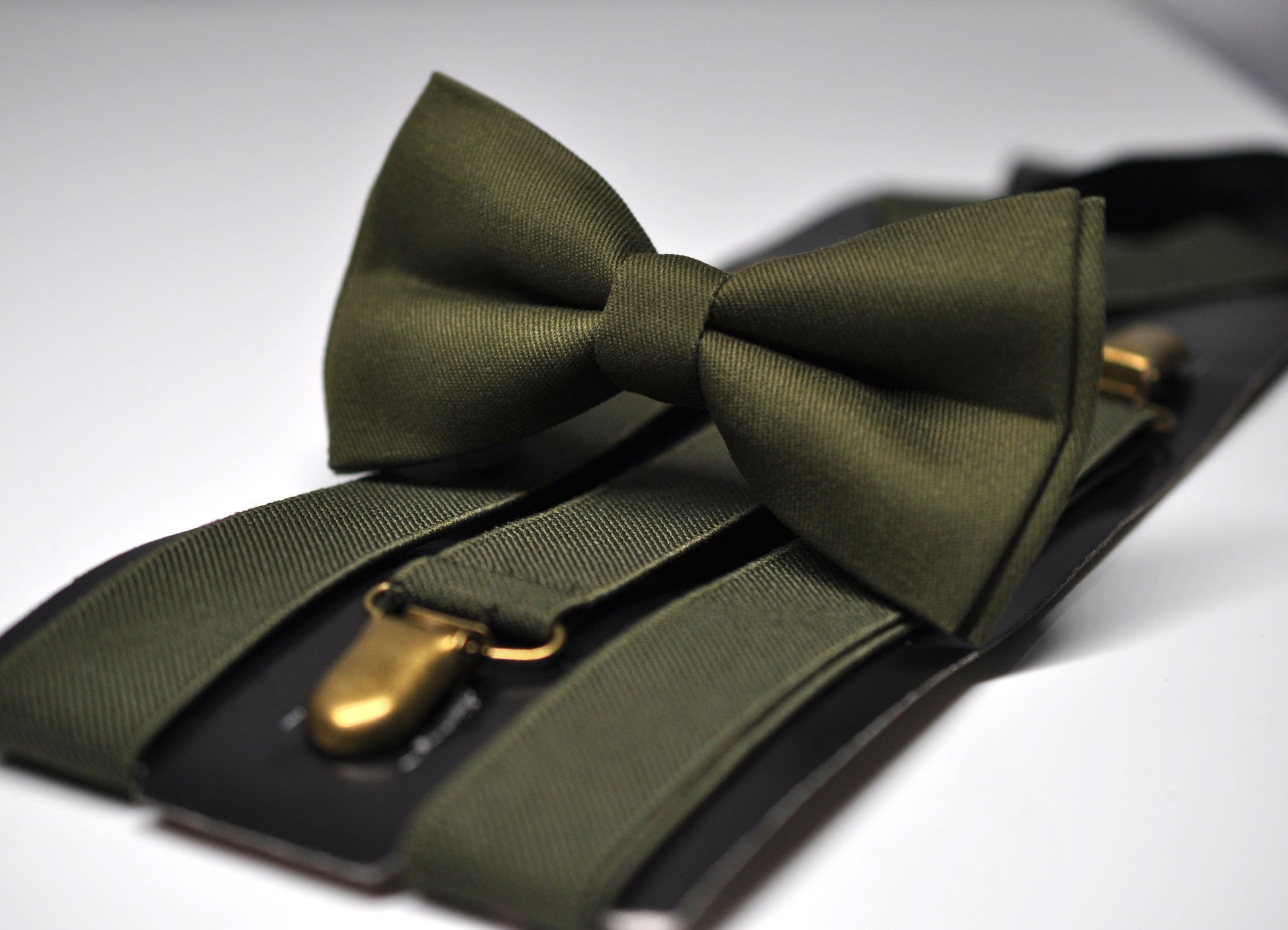 Olive Army Green Cotton Bow tie + Elastic Suspenders Braces + Pocket Square Hanky Handkerchief for Men / Youth / Boys Kids / Baby Infant