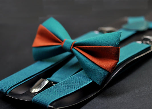 Burnt Orange and Teal Blue Bow tie Bowtie+ Teal blue Elastic Suspenders Braces for Men / Youth/ Boys Kids / Baby Infant Toddler