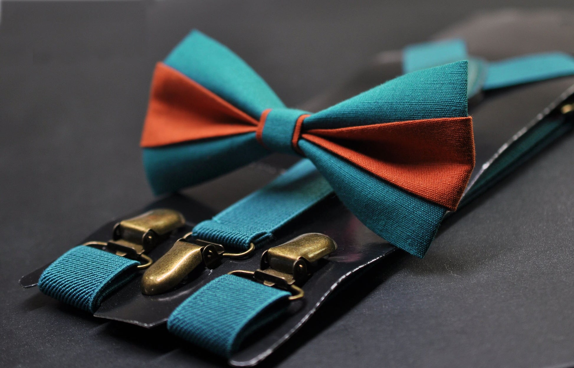Burnt Orange and Teal Blue Bow tie Bowtie+ Teal blue Elastic Suspenders Braces for Men / Youth/ Boys Kids / Baby Infant Toddler