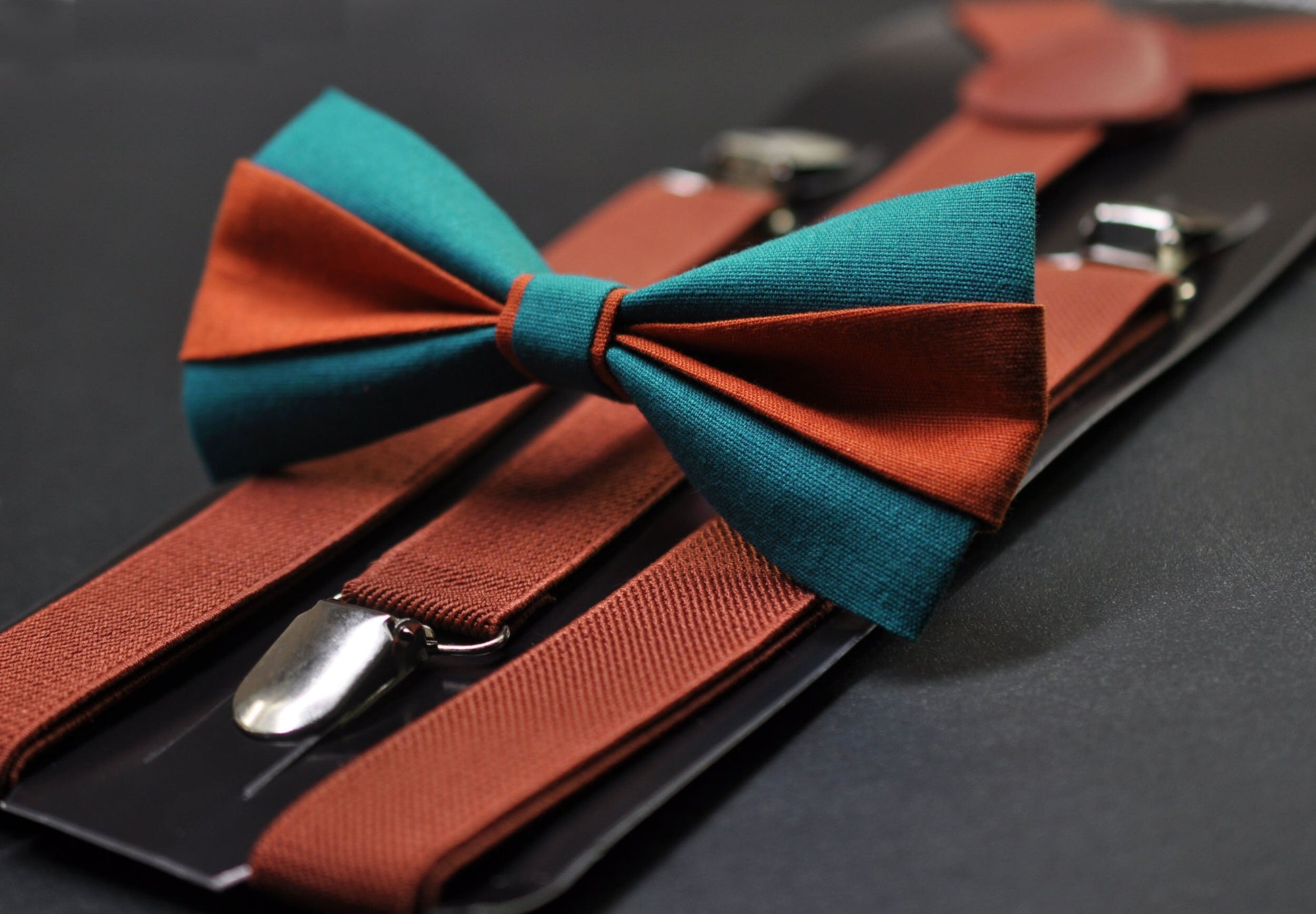 Burnt Orange and Teal Blue Bow tie Bowtie+ Rust Terracotta Elastic Suspenders Braces for Men / Youth/ Boys Kids / Baby Infant Toddler
