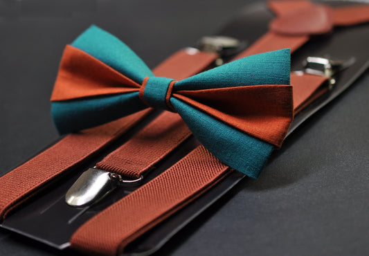 Burnt Orange and Teal Blue Bow tie Bowtie+ Rust Terracotta Elastic Suspenders Braces for Men / Youth/ Boys Kids / Baby Infant Toddler