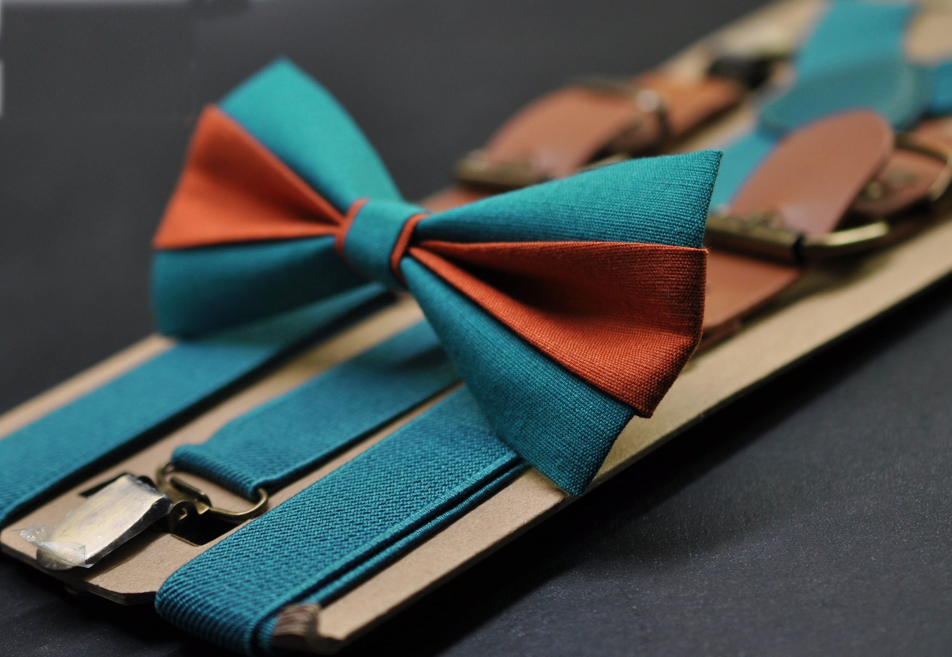 Burnt Orange and Teal Blue Bow tie Bowtie+ Teal blue Elastic Suspenders Braces for Men / Youth/ Boys Kids / Baby Infant Toddler