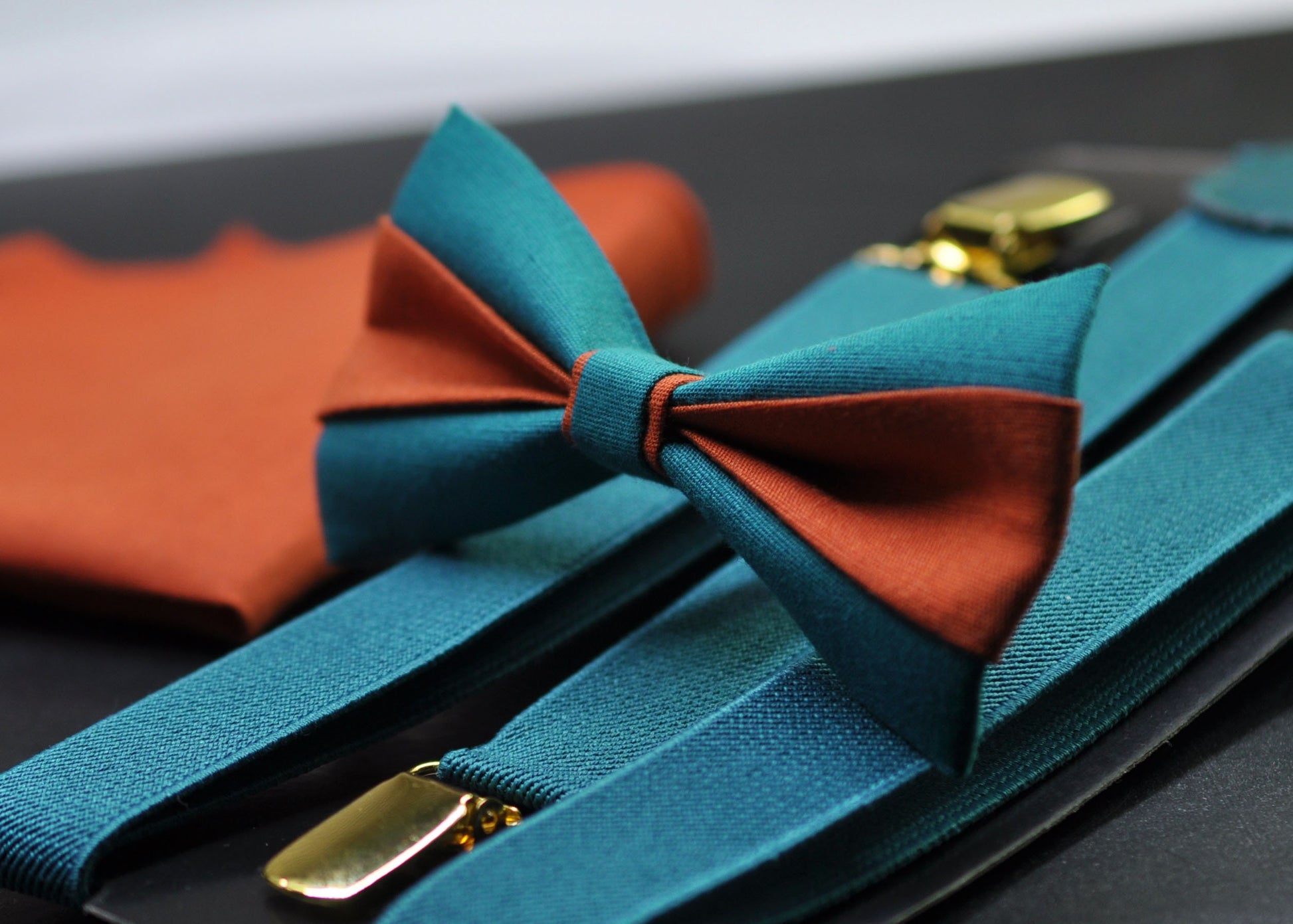 Burnt Orange and Teal Blue Bow tie Bowtie+ TEAL BLUE E Suspenders Braces + Pocket Squares for Men / Youth/ Boys Kids / Baby Infant Toddler