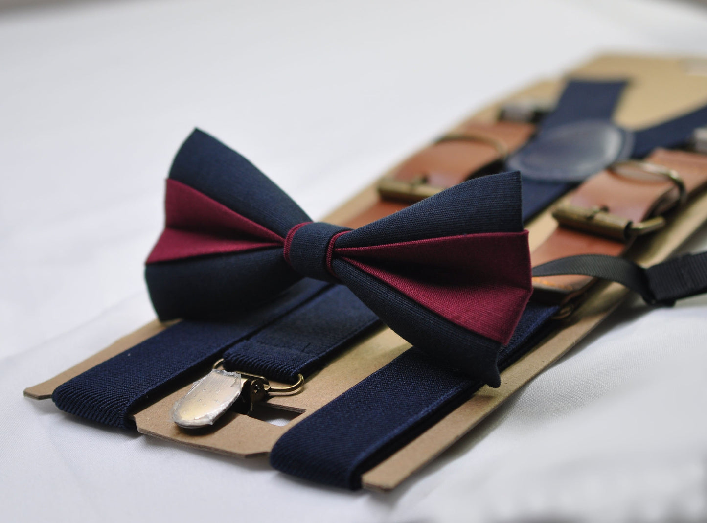 Dark Navy Blue and Wine Red Burgundy Linen Bow tie Bowtie + Navy Blue Suspenders Braces for Men / Youth/ Boys Kids / Baby Infant Toddler