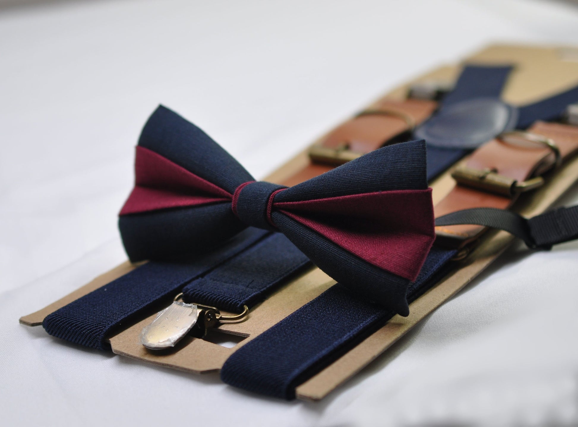Dark Navy Blue and Wine Red Burgundy Linen Bow tie Bowtie + Navy Blue Suspenders Braces for Men / Youth/ Boys Kids / Baby Infant Toddler