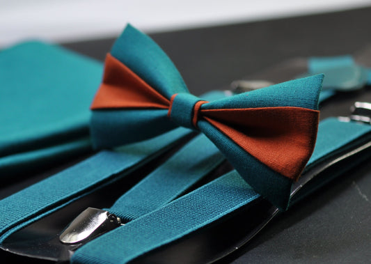 Burnt Orange and Teal Blue Bow tie Bowtie+ Teal Blue Suspenders Braces + Pocket Squares for Men / Youth/ Boys Kids / Baby Infant Toddler