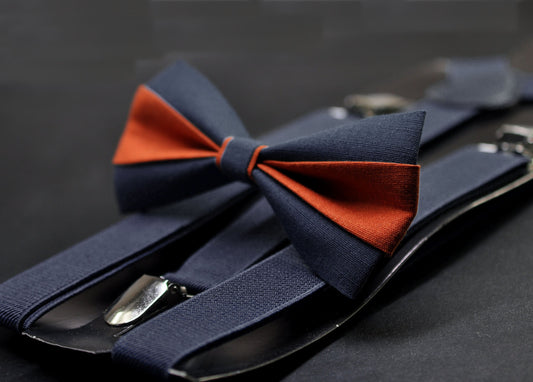 Burnt Orange and Dark Navy Blue Bow tie Bowtie+ Navy Elastic Suspenders Braces for Men / Youth/ Boys Kids / Baby Infant Toddler