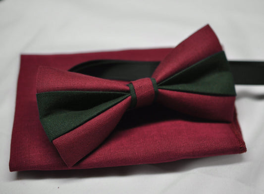 Burgundy Wine Red ARMY GREEN Bow tie Bowtie + matched pocket Square Hanky Handkerchief Wedding for Men / Youth / Boys Kids / Baby Infant
