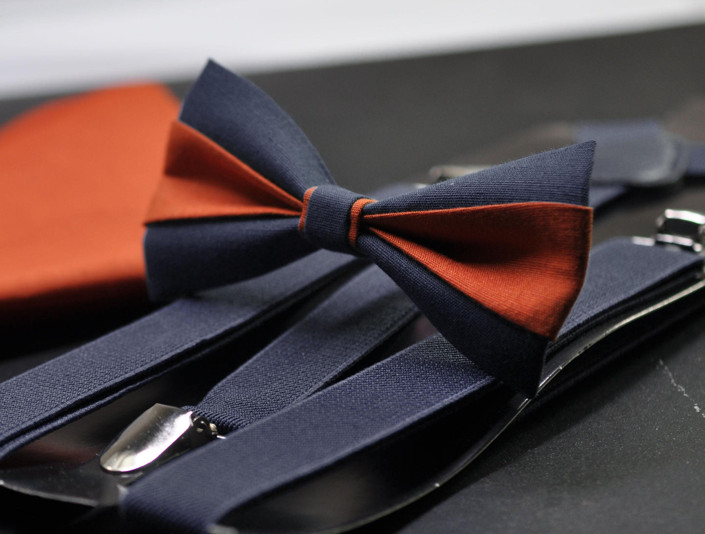 Burnt Orange and Navy Blue Bow tie Bowtie+ Navy Blue Suspenders Braces + Pocket Squares for Men / Youth/ Boys Kids / Baby Infant Toddler