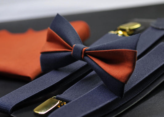 Burnt Orange and Navy Blue Bow tie Bowtie+ Navy Blue Suspenders Braces + Pocket Squares for Men / Youth/ Boys Kids / Baby Infant Toddler