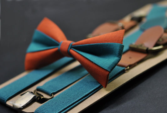 Burnt Orange and Teal Blue Bow tie Bowtie+ Teal Blue Elastic Suspenders Braces for Men / Youth/ Boys Kids / Baby Infant Toddler