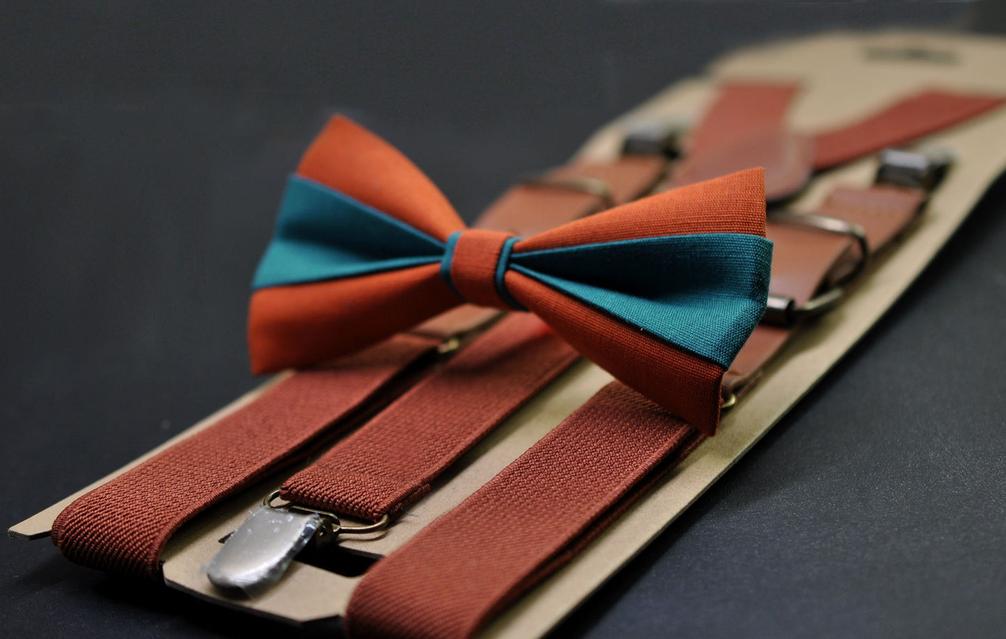 Burnt Orange and Teal Blue Bow tie Bowtie+ Rust Terracotta Elastic Suspenders Braces for Men / Youth/ Boys Kids / Baby Infant Toddler