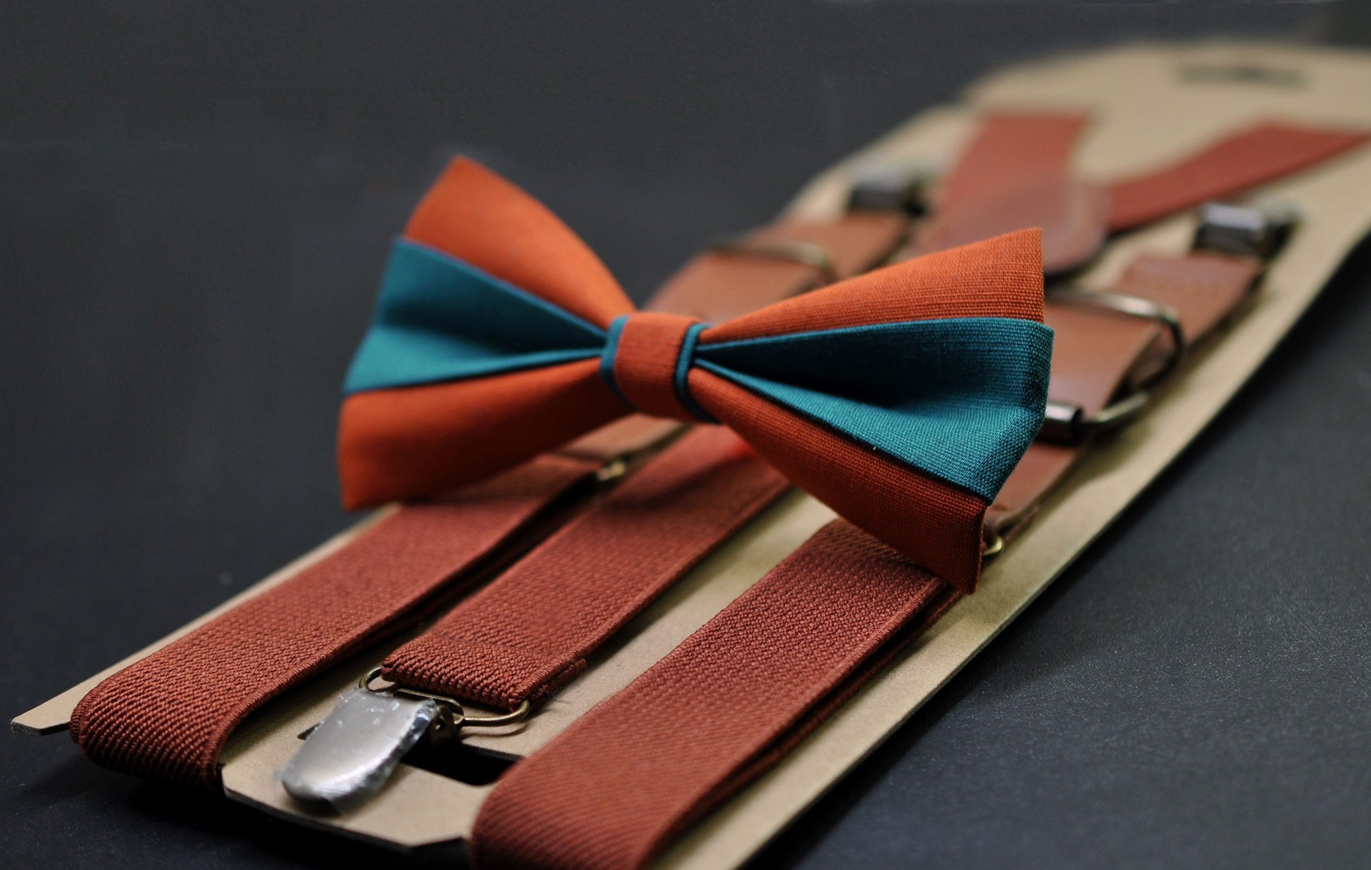 Burnt Orange and Teal Blue Bow tie Bowtie+ Rust Terracotta Elastic Suspenders Braces for Men / Youth/ Boys Kids / Baby Infant Toddler