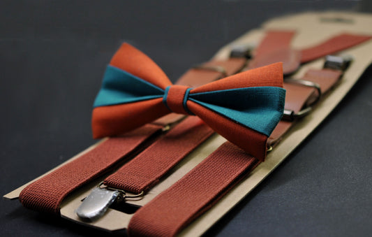 Burnt Orange and Teal Blue Bow tie Bowtie+ Rust Terracotta Elastic Suspenders Braces for Men / Youth/ Boys Kids / Baby Infant Toddler