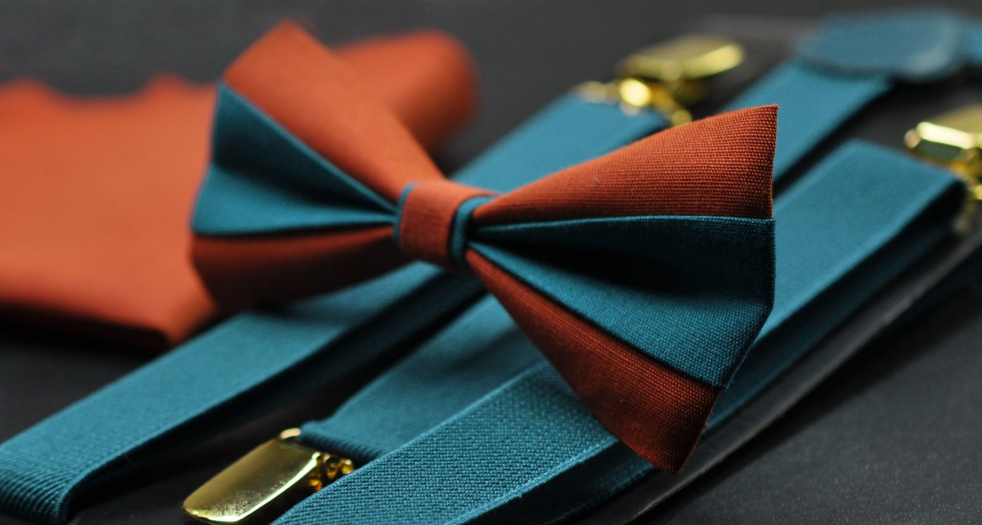 Burnt Orange Teal Blue Bow tie Bowtie + Teal Blue Suspenders Braces + Pocket Squares for Men / Youth/ Boys Kids / Baby Infant Toddler