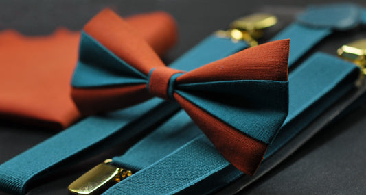 Burnt Orange Teal Blue Bow tie Bowtie + Teal Blue Suspenders Braces + Pocket Squares for Men / Youth/ Boys Kids / Baby Infant Toddler