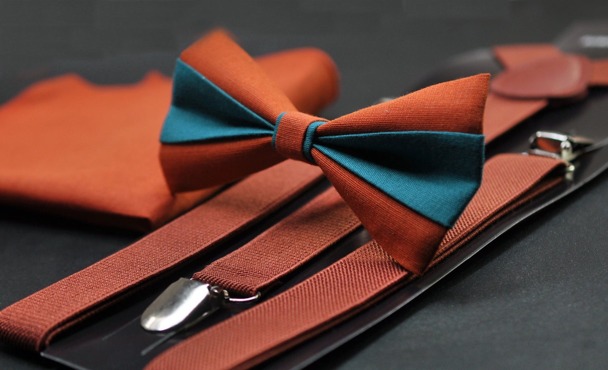 Burnt Orange and Teal Blue Bow tie Bowtie+ Rust Elastic Suspenders Braces + Pocket Squares for Men / Youth/ Boys Kids / Baby Infant Toddler