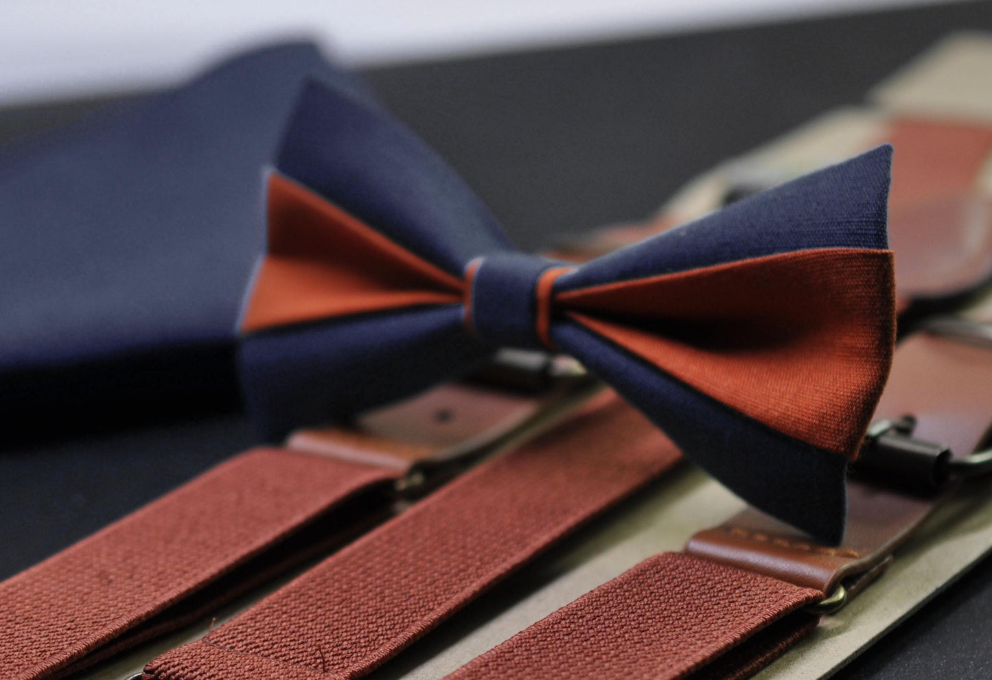 Burnt Orange and Navy Blue Bow tie Bowtie+ Rust Terracotta Suspenders Braces + Pocket Squares Men / Youth/ Boys Kids / Baby Infant Toddler