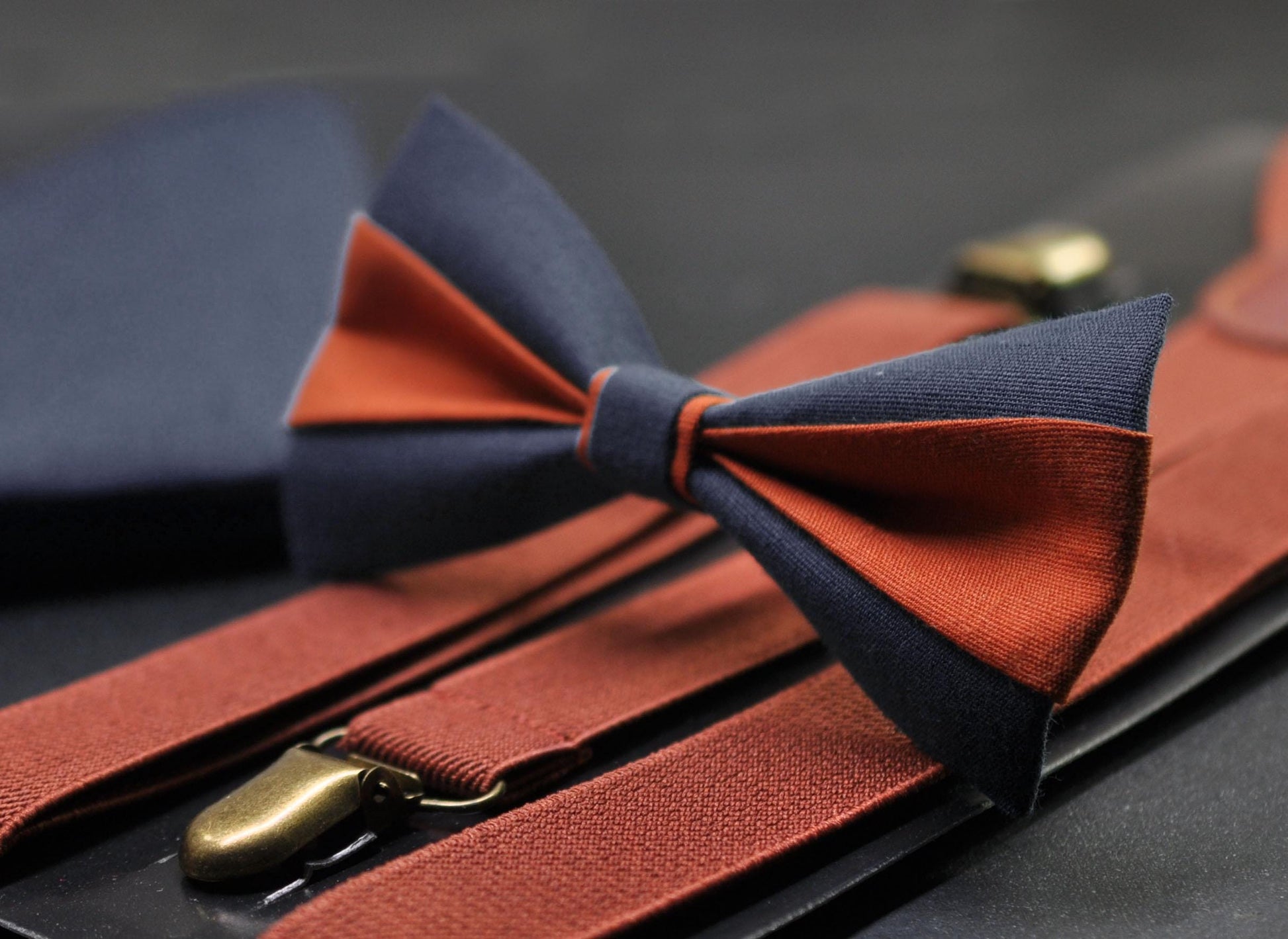 Burnt Orange Navy Blue Bow tie Bowtie+ Rust Terracotta Suspenders Braces + Pocket Squares for Men / Youth/ Boys Kids / Baby Infant Toddler