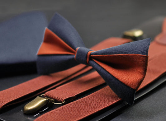 Burnt Orange Navy Blue Bow tie Bowtie+ Rust Terracotta Suspenders Braces + Pocket Squares for Men / Youth/ Boys Kids / Baby Infant Toddler