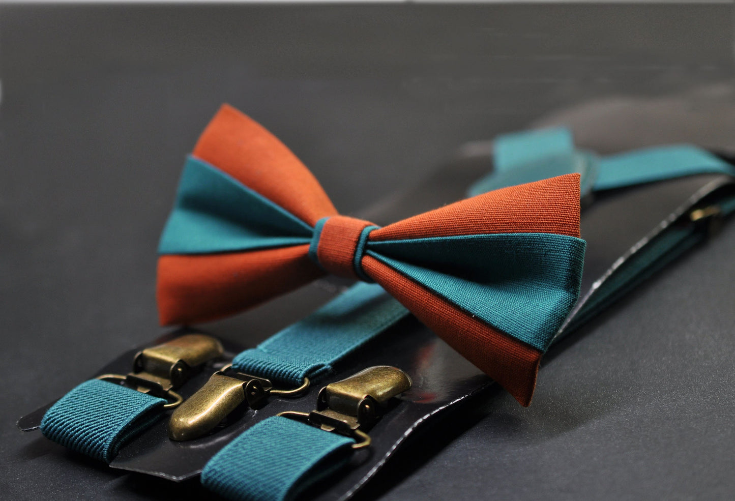 Burnt Orange and Teal Blue Bow tie Bowtie+ TEAL Elastic Suspenders Braces + Pocket Squares for Men / Youth/ Boys Kids / Baby Infant Toddler