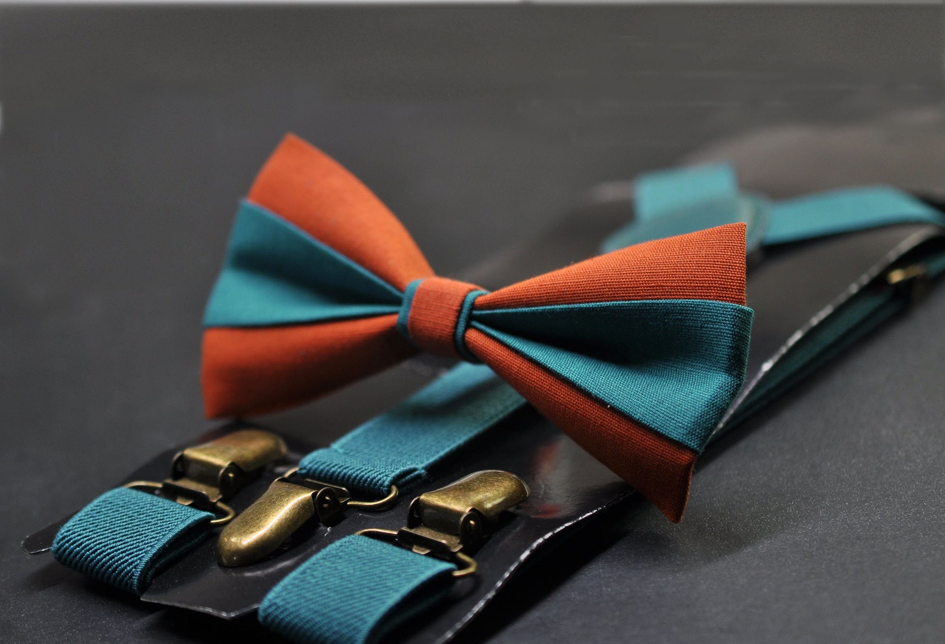 Burnt Orange and Teal Blue Bow tie Bowtie+ TEAL Elastic Suspenders Braces + Pocket Squares for Men / Youth/ Boys Kids / Baby Infant Toddler