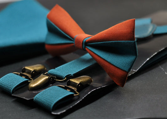 Burnt Orange and Teal Blue Bow tie Bowtie+ TEAL Elastic Suspenders Braces + Pocket Squares for Men / Youth/ Boys Kids / Baby Infant Toddler