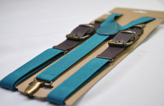 Turquoise Teal Blue and Coffee Faux Leather Adjustable Suspenders Braces for Men Adult / Youth Teenage / Boy Kids / Infant Toddler Baby