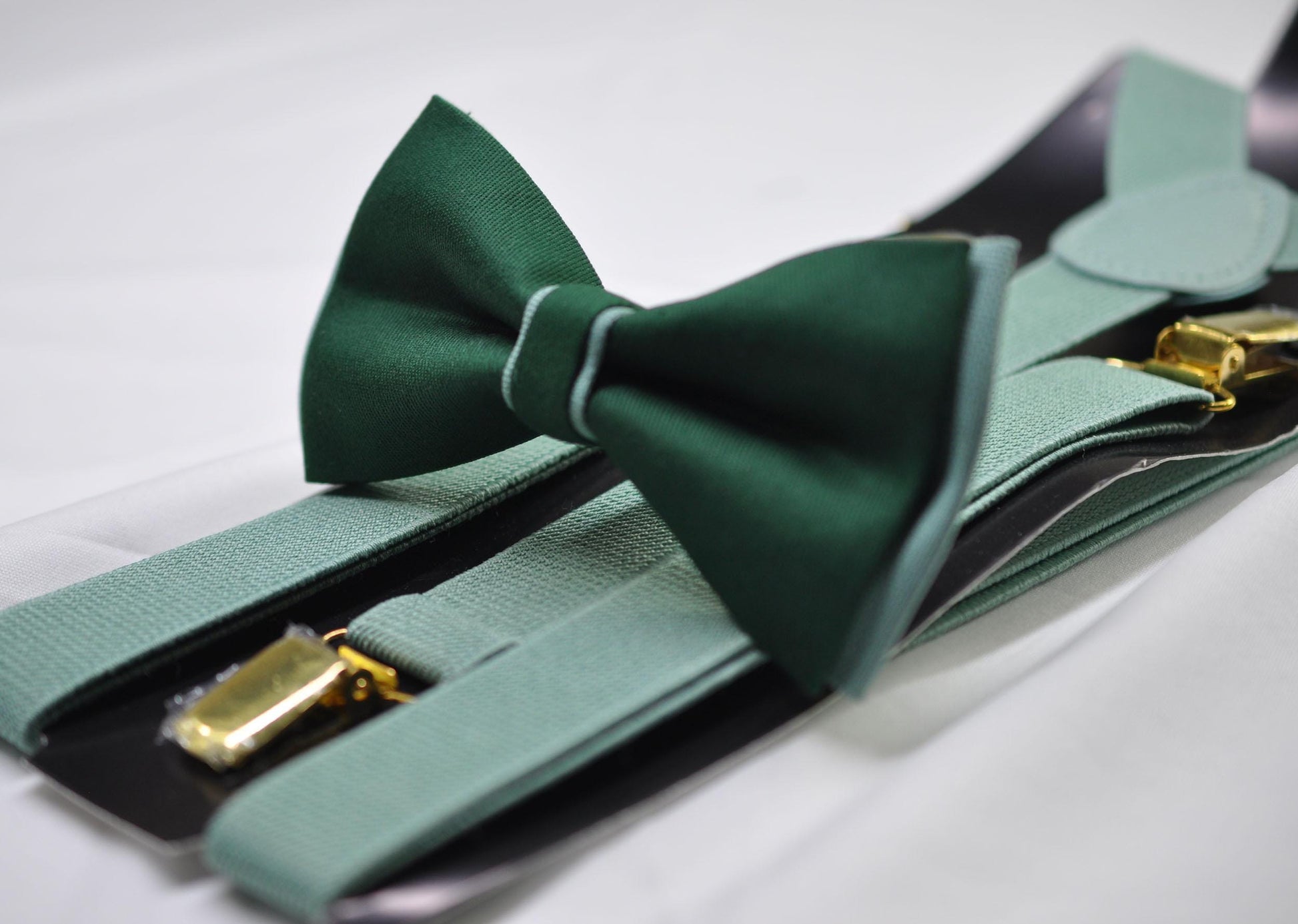 EMERALD Green and Sage Green Bow tie Bowtie + matched Sage Green Suspenders Braces Men / Youth / Boys Kids / Baby Infant Toddler