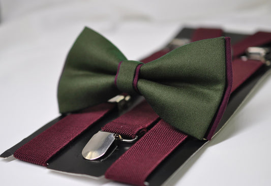 Olive Green Amy Green and Burgundy Dark Wine Red Bow tie Bowtie + Wine Red Suspenders Braces Men / Youth / Boys Kids / Baby Infant Toddler