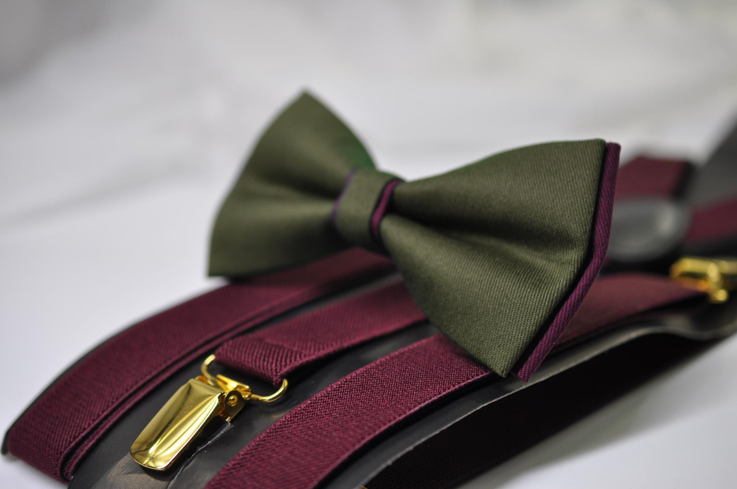 Olive Army Green and Burgundy Dark Wine Red Bow tie Bowtie + Wine Red Suspenders Braces Men / Youth / Boys Kids / Baby Infant Toddler