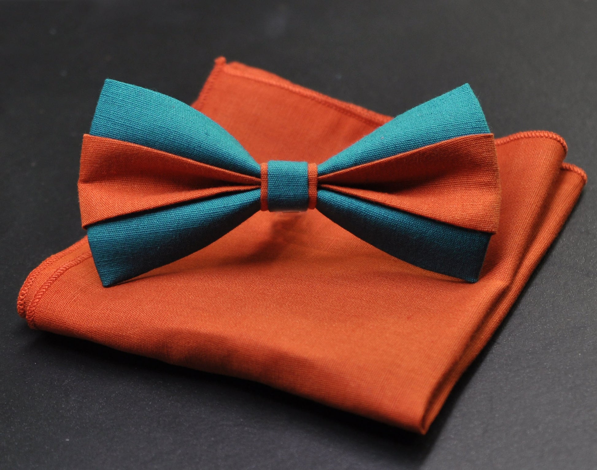 Burnt Orange and Teal Blue Bow tie Bowtie+ Teal Blue Suspenders Braces + Pocket Squares for Men / Youth/ Boys Kids / Baby Infant Toddler