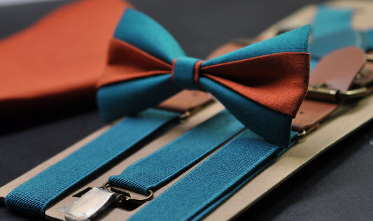 Burnt Orange and Teal Blue Bow tie Bowtie+ Teal Blue Suspenders Braces + Pocket Squares for Men / Youth/ Boys Kids / Baby Infant Toddler