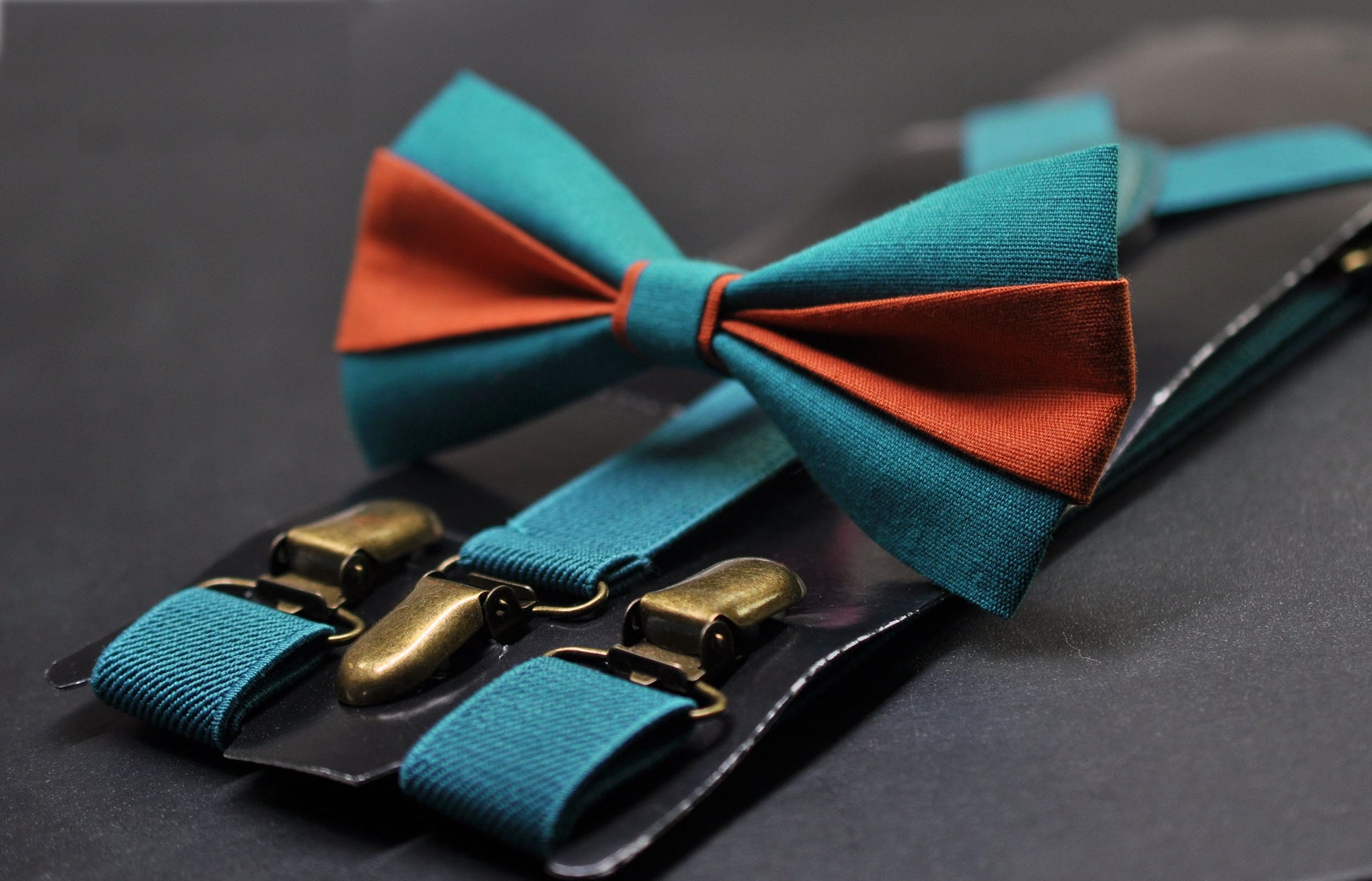Burnt Orange and Teal Blue Bow tie Bowtie+ Teal Blue Suspenders Braces + Pocket Squares for Men / Youth/ Boys Kids / Baby Infant Toddler