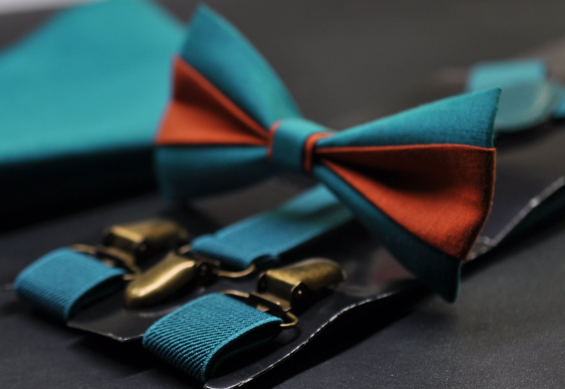 Burnt Orange and Teal Blue Bow tie Bowtie+ Teal Blue Suspenders Braces + Pocket Squares for Men / Youth/ Boys Kids / Baby Infant Toddler