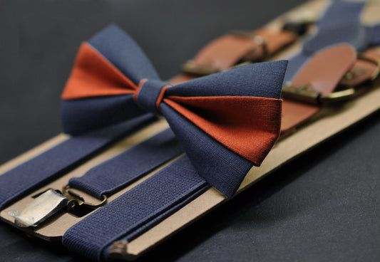 Burnt Orange and Dark Navy Blue Bow tie Bowtie+ Navy Elastic Suspenders Braces for Men / Youth/ Boys Kids / Baby Infant Toddler