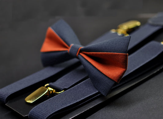 Burnt Orange and Dark Navy Blue Bow tie Bowtie+ Navy Elastic Suspenders Braces for Men / Youth/ Boys Kids / Baby Infant Toddler
