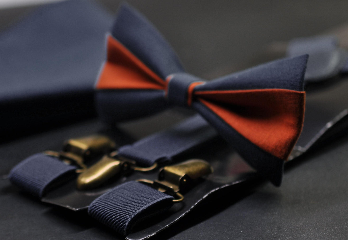 Burnt Orange and Navy Blue Bow tie Bowtie+ Navy Blue Suspenders Braces + Pocket Squares for Men / Youth/ Boys Kids / Baby Infant Toddler