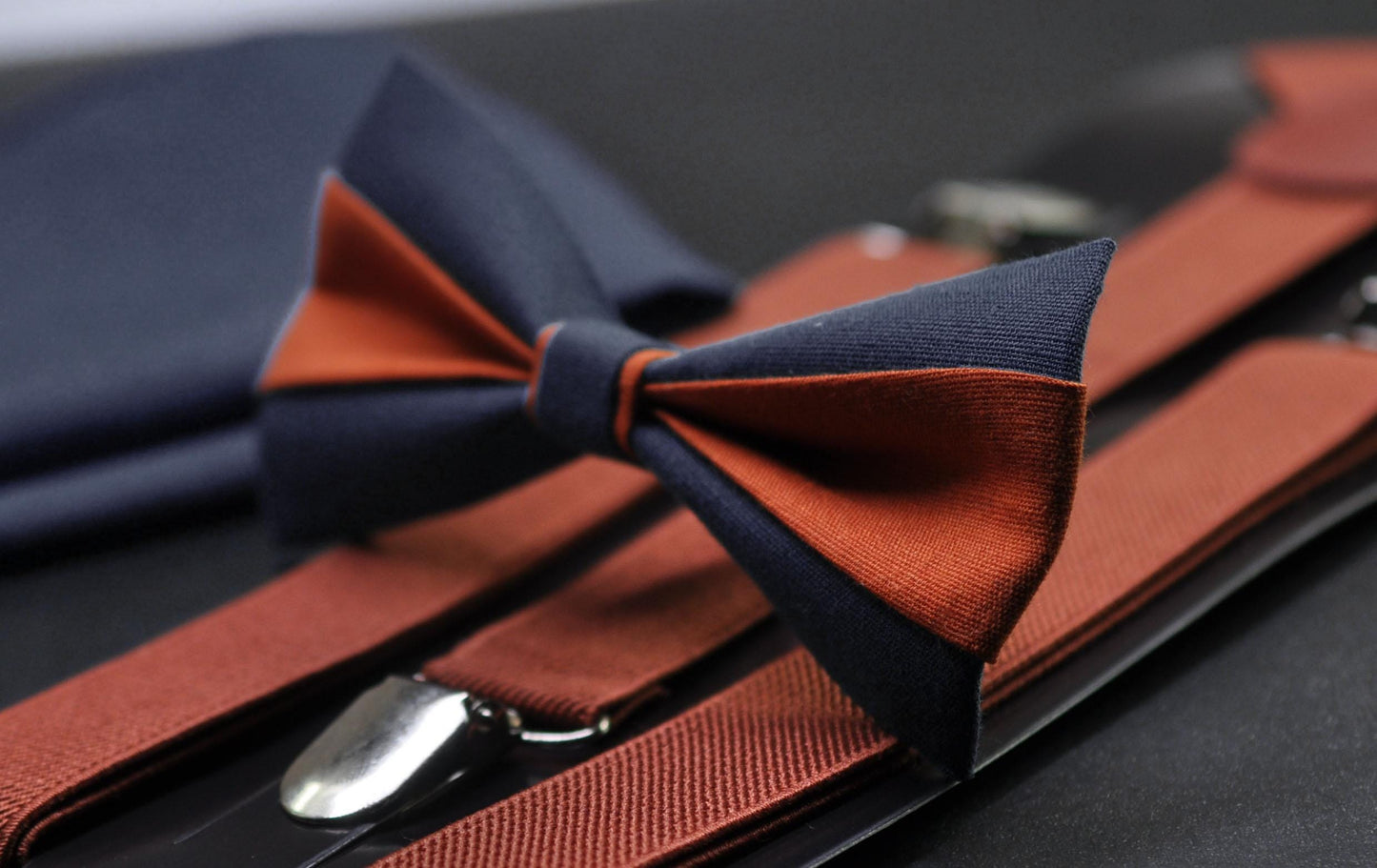Burnt Orange Navy Blue Bow tie Bowtie+ Rust Terracotta Suspenders Braces + Pocket Squares for Men / Youth/ Boys Kids / Baby Infant Toddler