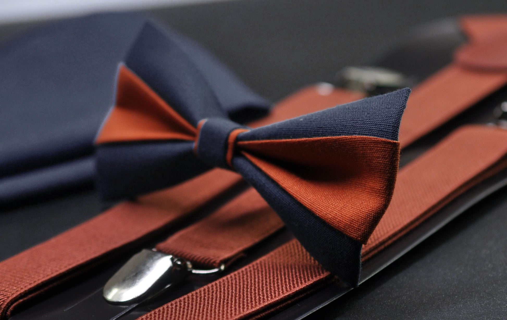 Burnt Orange Navy Blue Bow tie Bowtie+ Rust Terracotta Suspenders Braces + Pocket Squares for Men / Youth/ Boys Kids / Baby Infant Toddler