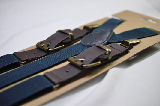 Navy Blue and Coffee Faux Leather Adjustabale Suspenders Braces for Men Adult / Youth Teenage / Boy Kids / Infant Toddler Baby