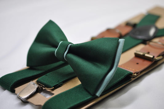 EMERALD Green and Sage Green Bow tie Bowtie + EMERALD Green Suspenders Braces Men / Youth / Boys Kids / Baby Infant Toddler