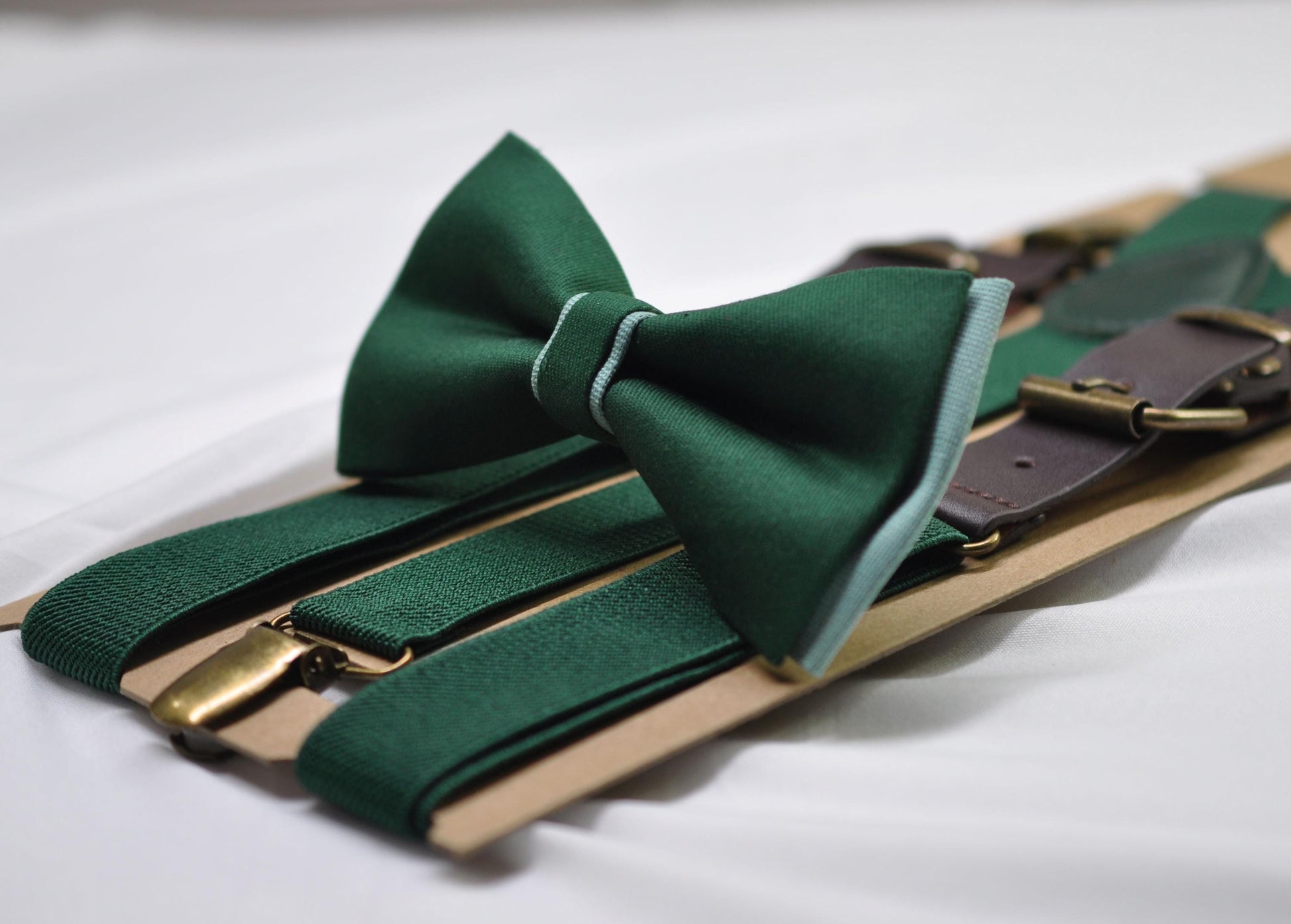 EMERALD Green and Sage Green Bow tie Bowtie + EMERALD Green Suspenders Braces Men / Youth / Boys Kids / Baby Infant Toddler