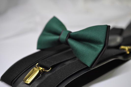 Emerald Green and Black Bow tie Bowtie + Black Suspenders Braces Men / Youth / Boys Kids / Baby Infant Toddler