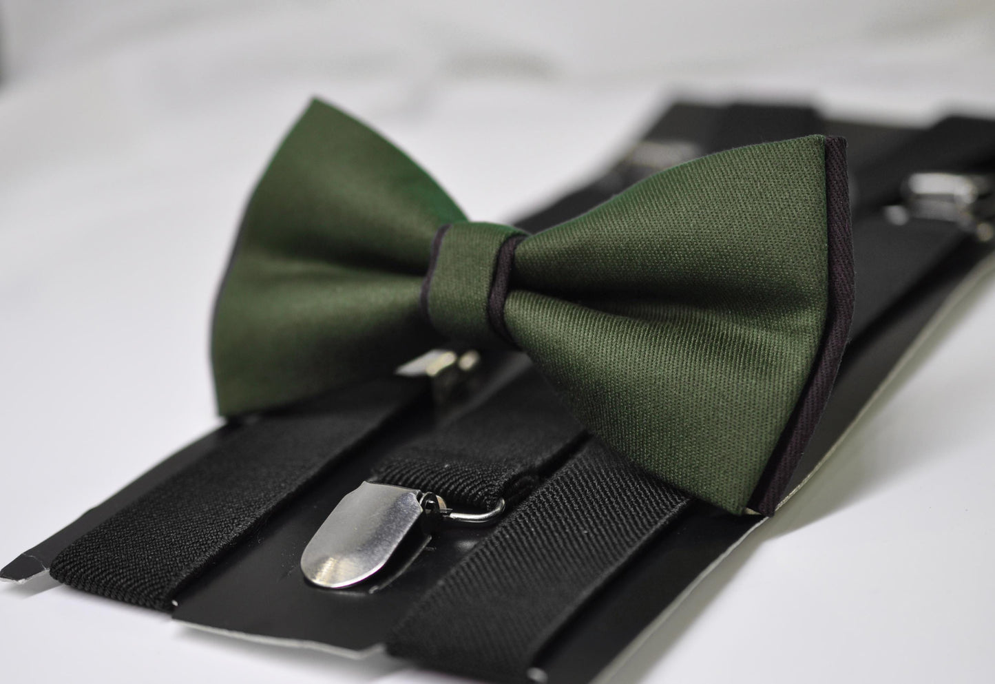 Olive Green Amy Green and Black Bow tie Bowtie + BLACK Suspenders Braces Men / Youth / Boys Kids / Baby Infant Toddler