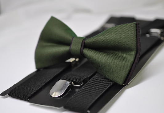 Olive Green Amy Green and Black Bow tie Bowtie + BLACK Suspenders Braces Men / Youth / Boys Kids / Baby Infant Toddler