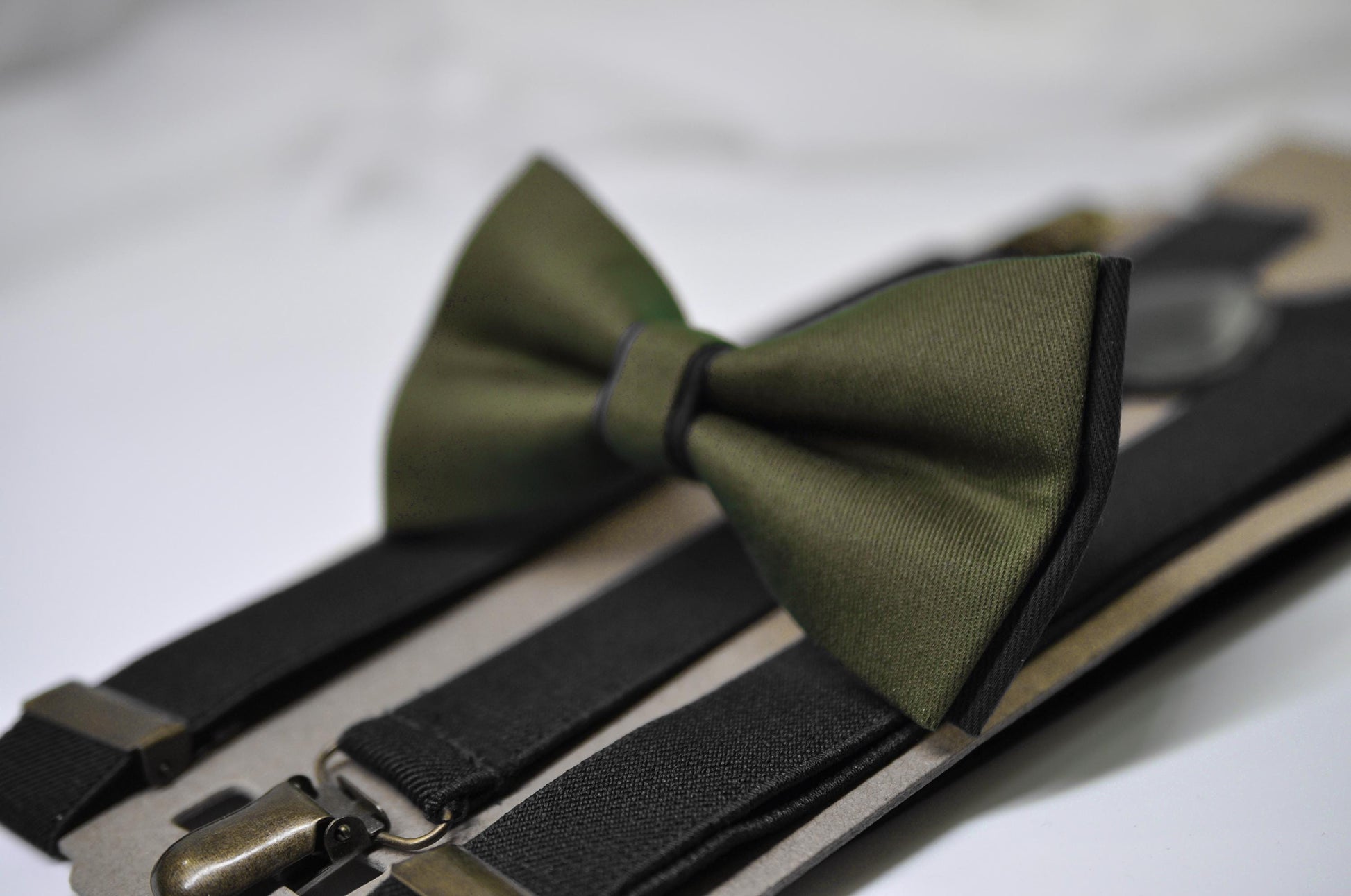Olive Amy Green and Black Bow tie Bowtie + black Suspenders Braces Men / Youth / Boys Kids / Baby Infant Toddler